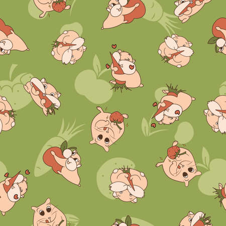 Happy hamster fruits and veggis green seamless patternのイラスト素材