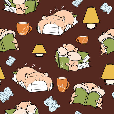 Happy hamsters lamps and cups cozy reading seamless patternのイラスト素材