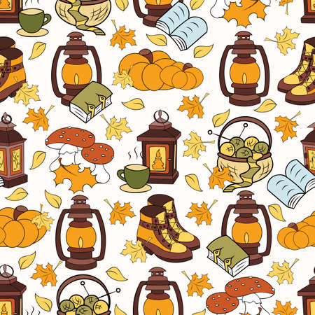 Autumn charm lanterns and knits seamless pattern.のイラスト素材