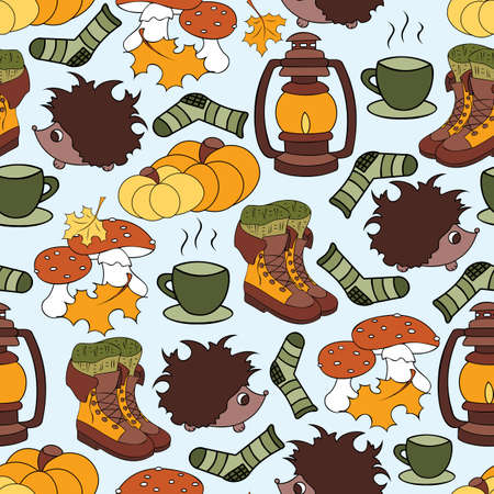 Autumn charm hedgehogs and mushrooms seamless pattern.のイラスト素材