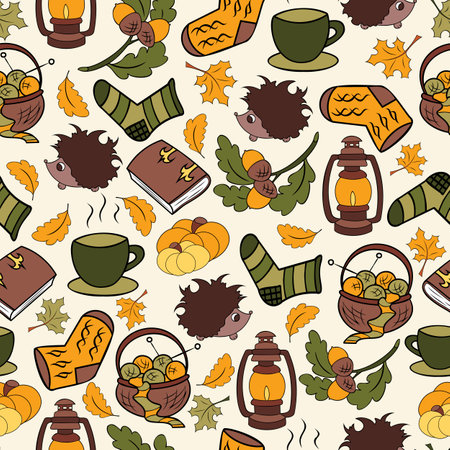 Autumn charm leaves and hedgehogs seamless pattern.のイラスト素材