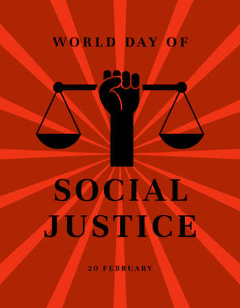 world day of social justice banner vector illustration with handhold up scales of justice on a red backgroundのイラスト素材