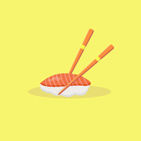 salmon sushi illustration with the chopstick. sushi vector flat design, traditional japan foods illustration, rice vector, salmon vectorのイラスト素材