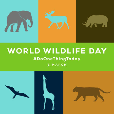 world wildlife day poster with animals silhouette on colorful backgroundのイラスト素材