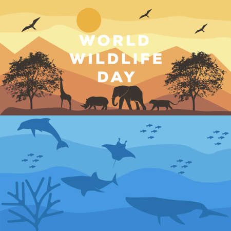 world wildlife day poster with animal silhouette illustration. animal silhouette vector on the jungle and the oceanのイラスト素材