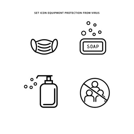 set icon equipment protection from virus, mask, hand wash soap, shampoo, and social distanceのイラスト素材
