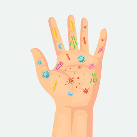 hands full of bacteria, viruses, microbes, germ. dirty hands. vector illustration design iconのイラスト素材