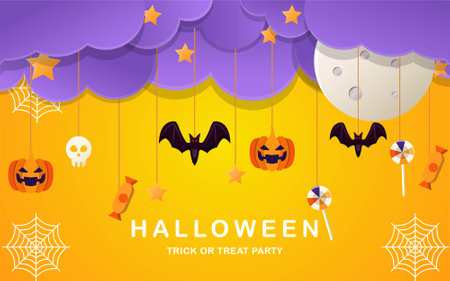 happy halloween with hanging ornament banner. halloween background with hanging ornament skull, pumpkin, spider net, candy, moon, star. vector illustration designのイラスト素材