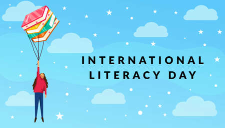 International literacy day. woman flying with books. illustration vector designのイラスト素材