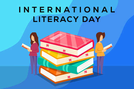International literacy day banner with books and characters is reading flat style. vector illustration designのイラスト素材