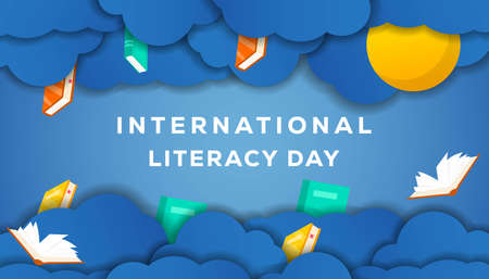 vector illustration international literacy day background with ornament cloud, books, sun in cut paper styleのイラスト素材