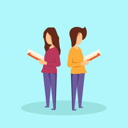 two characters are reading standing. flat design icon illustrationのイラスト素材