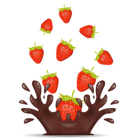 dropping strawberry fruit make a splash chocolateのイラスト素材