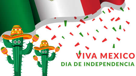 viva mexico dia de independencia with cactus holding maracas and use hatのイラスト素材