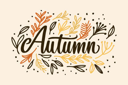autumn hand lettering with leavesのイラスト素材