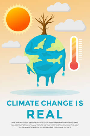climate change vertical poster banner vector illustration. melted earth with sun, dead tree, dark cloud, and weather thermometerのイラスト素材