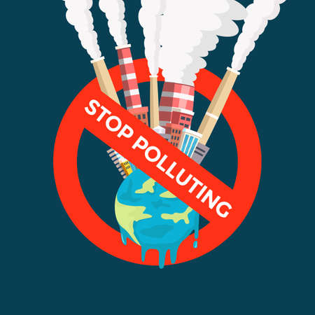 sign symbol stop polluting with illustration with city highly air polluted on the melted earthのイラスト素材