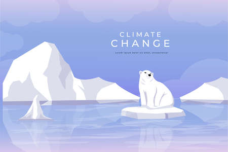 vector design climate change, global warming illustration with melting glaciers and polar bear trapped on chunks of glaciersのイラスト素材