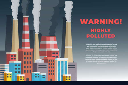 vector illustration highly polluting city with smoke from factories chimney. the environment with high air pollution. global warming.のイラスト素材