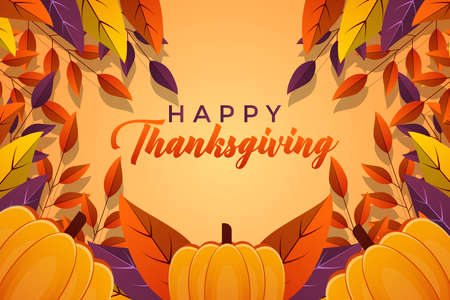 flat design happy thanksgiving with leaves and pumpkinのイラスト素材