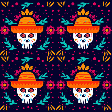 hand drawn dia de muertos pattern with skull use hat