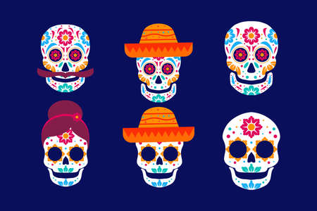 set of skull dia de muertos hand drawn vectorのイラスト素材