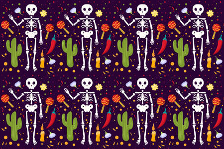 hand drawn dia de muertos pattern with skeletonのイラスト素材