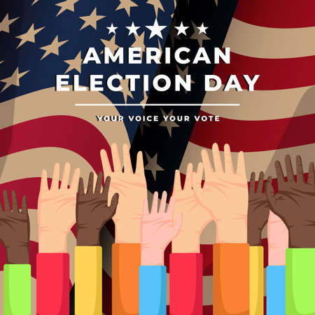 vector illustration american election day background with raising handsのイラスト素材