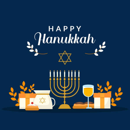 flat design happy hanukkah with cake, drink, and gift boxのイラスト素材