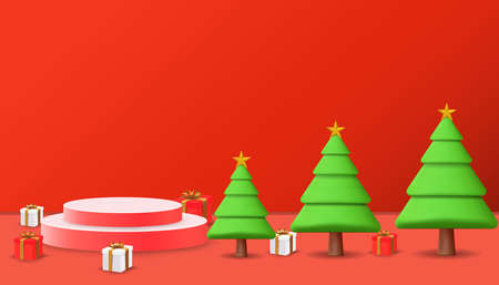 merry christmas and happy new year background with christmas tree 3D, gift boxes 3D, and podium 3D. christmas 3D background with copy space areaのイラスト素材