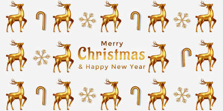 merry christmas and happy new year background. golden deer, gold snowflake, and golden candy. luxury christmas designのイラスト素材