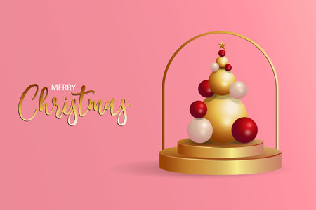 merry christmas background with golden podium and abstract tree christmas shape with color gold, red, and white. vector designのイラスト素材