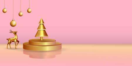 beautiful luxury christmas background with golden deer, golden podium, golden tree, and golden lampのイラスト素材