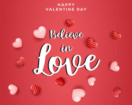 Believe in Love lettering with red and pink hearts ornament. happy valentine day vector designのイラスト素材