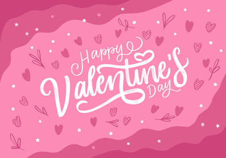 hand lettering happy valentines day with heart and leaves hand drawn backgroundのイラスト素材