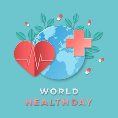 world health day design with planet, plants, heart, and pills in paper art styleのイラスト素材