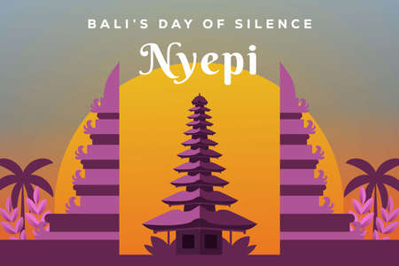 Nyepi illustration background with sunset and Hindu templeのイラスト素材