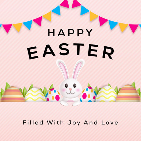 happy easter design 3d illustration with rabbit, eggs, and leavesのイラスト素材