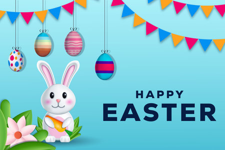 happy easter illustration with hanging eggs, rabbit, and leavesのイラスト素材