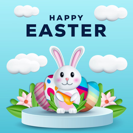 happy easter 3d illustration with a rabbit holding carrot over podiumのイラスト素材