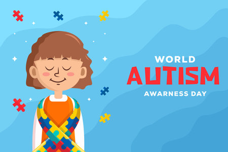 world autism awareness day illustration background with a girl and ribbonのイラスト素材