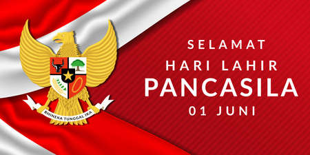 realistic hari lahir pancasila - pancasila day illustration with realistic indonesia flagのイラスト素材