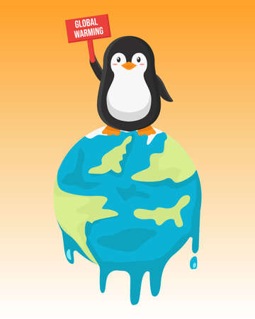 cute penguin holding global warming banner on melting earthのイラスト素材