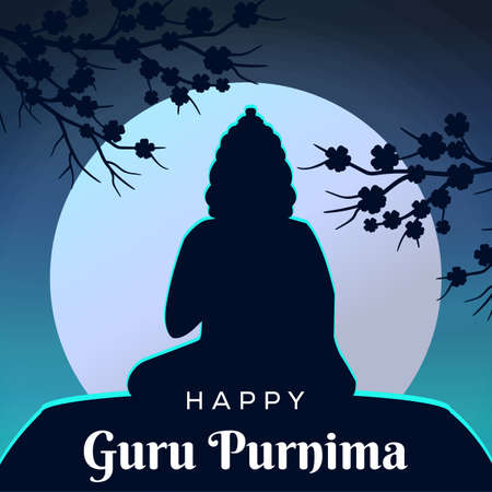 happy guru purnima silhouette at night illustration on full moon backgroundのイラスト素材