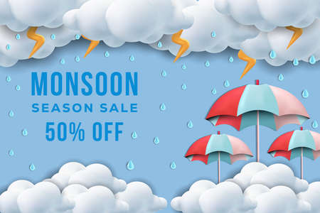3d monsoon season background with umbrellas and thunder, monsoon sale 3d illustrationのイラスト素材