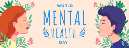 world mental health day banner illustration with men and women relaxing and flowersのイラスト素材