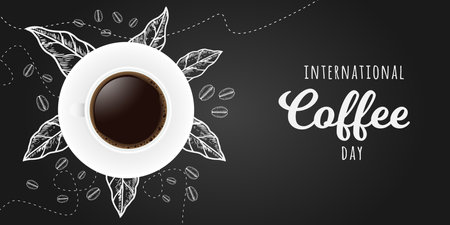international coffee day banner with leaves, and bean coffee hand drawnのイラスト素材