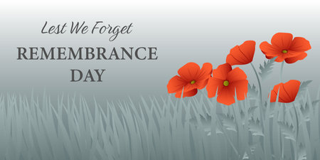 Remembrance Day black white background illustration with red poppy flowersのイラスト素材