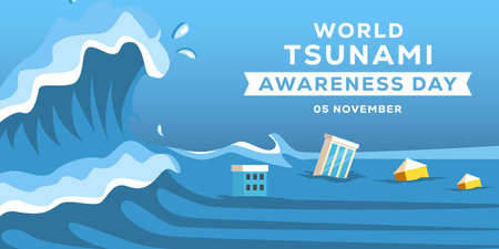 flat design world tsunami awareness day 5 november horizontal bannerのイラスト素材