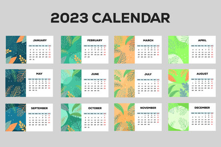 2023 new year calendar template with hand drawn leavesのイラスト素材
